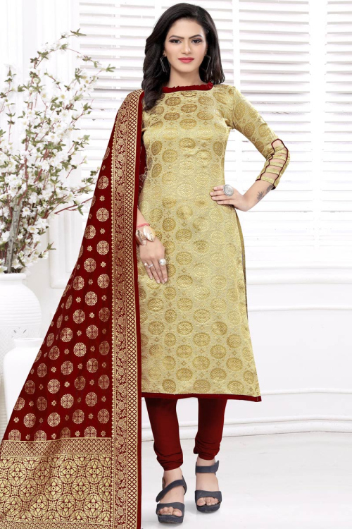 Zari Embroidered Silk Beige Churidar Suit