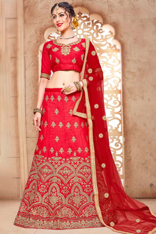 Floor Length Lehenga in Silk Cherry Red for Wedding 