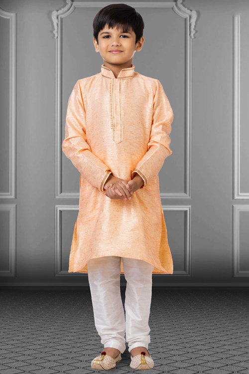 Zari Embroidered Silk Coral Peach Kids Kurta Pajama