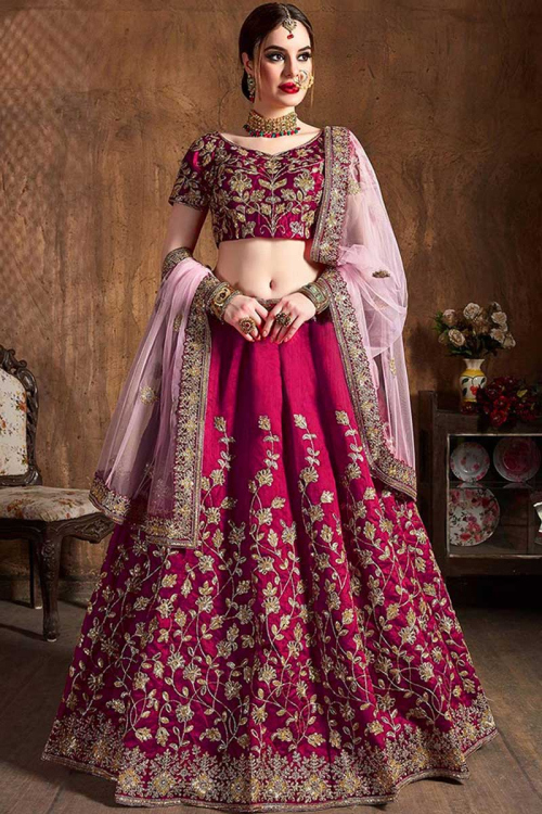 Zari Embroidered Silk Dark Pink Lehenga