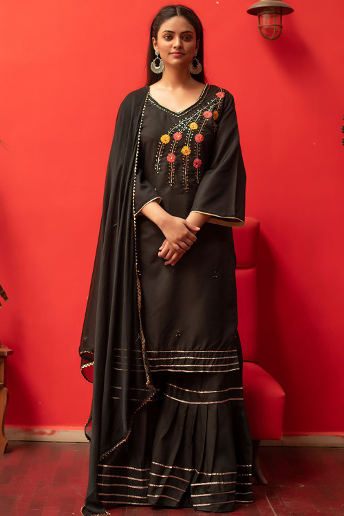 Resham Embroidered Cotton Dusty Black Sharara Suit