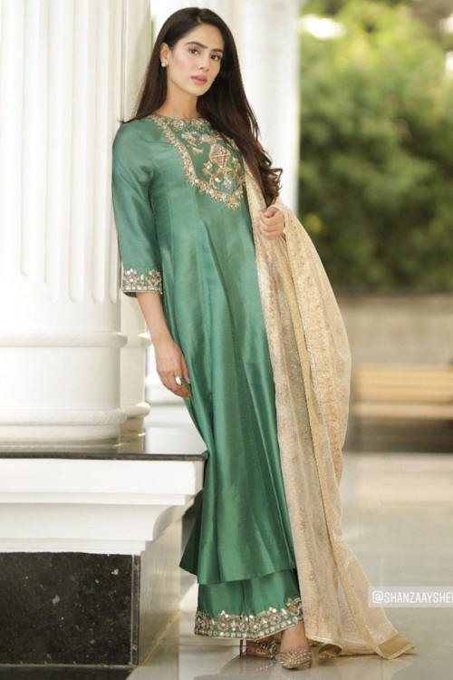 Buy Ankle Length Green Raw Silk Salwar Kameez Online for Women in UK