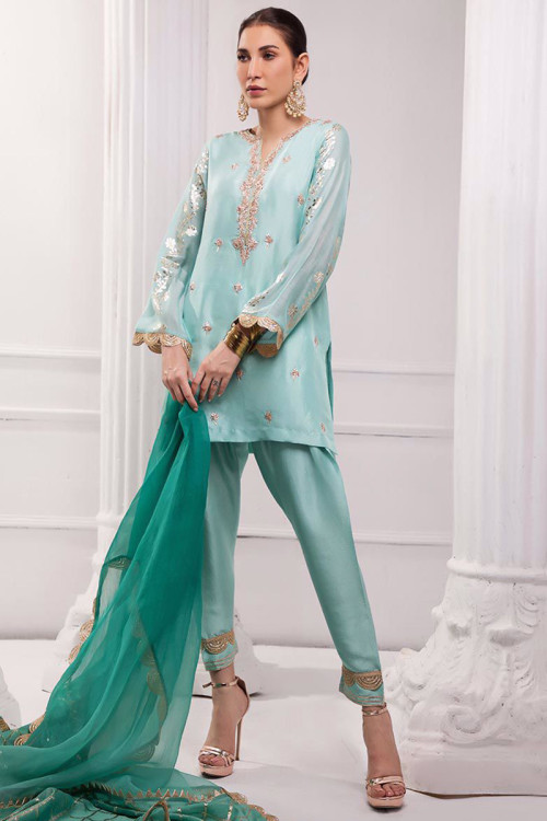 Zari Embroidered Silk Light Blue Pakistani Party Wear Trouser Suit