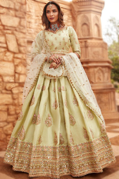 Zari Embroidered Silk Light Green Bridesmaid Lehenga