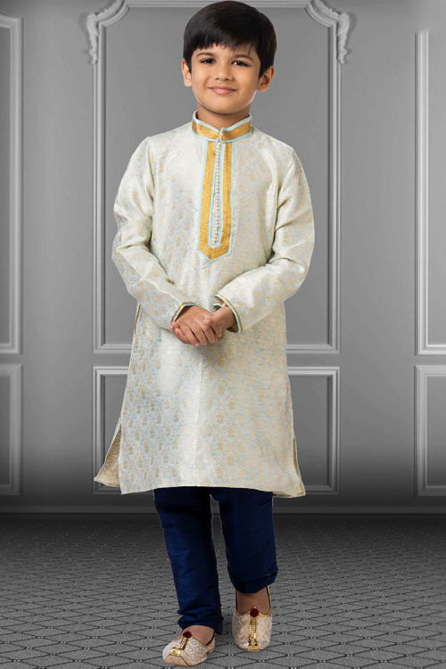 Zari Embroidered Silk Mint Blue Kids Kurta Pajama