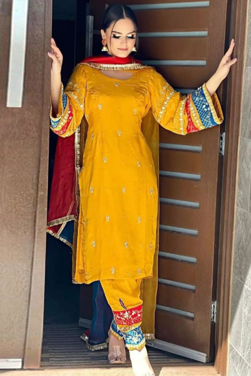 Zari Embroidered Silk Mustard Yellow Trouser Suit