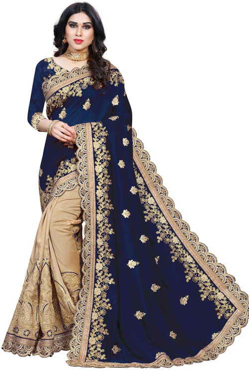 Indian Wear Silk Navy Blue And Beige Saree