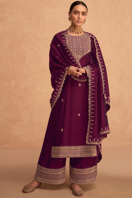 Zari Embroidered Silk Plum Purple Trouser Suit