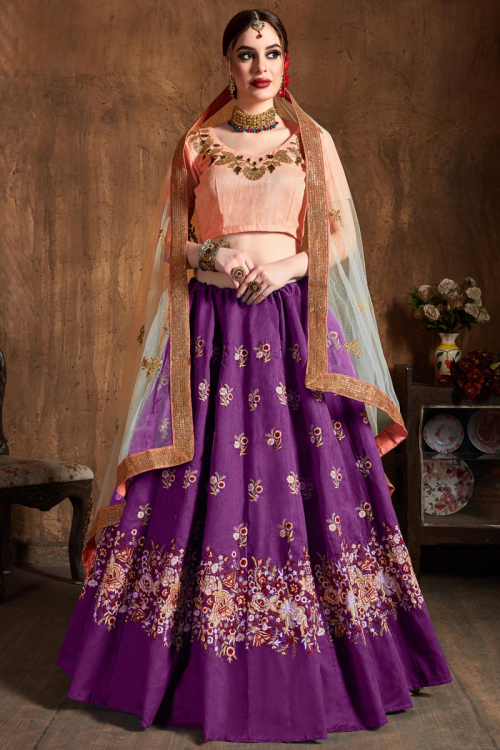 Zari Embroidered Purple Silk Lehenga