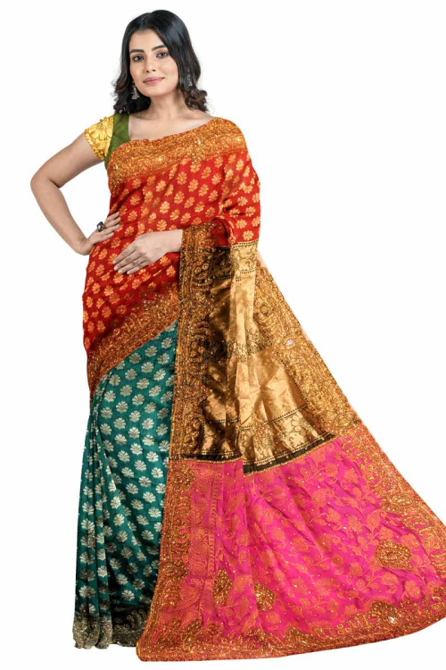 Zari Embroidered Silk Red And Teal Green Saree