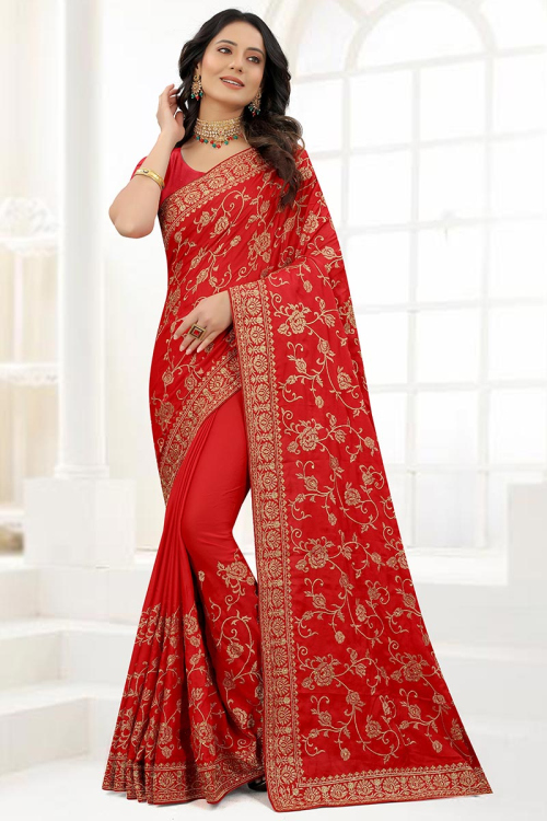 Wedding Wear Zari Embroidered Red Indian Saree in Silk