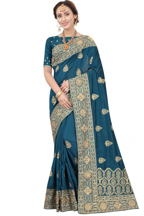 Teal Blue Silk Woven Saree with Zari Embroidery
