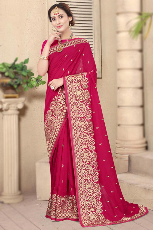 Zari Embroidered Soft Silk Cerise Pink Saree