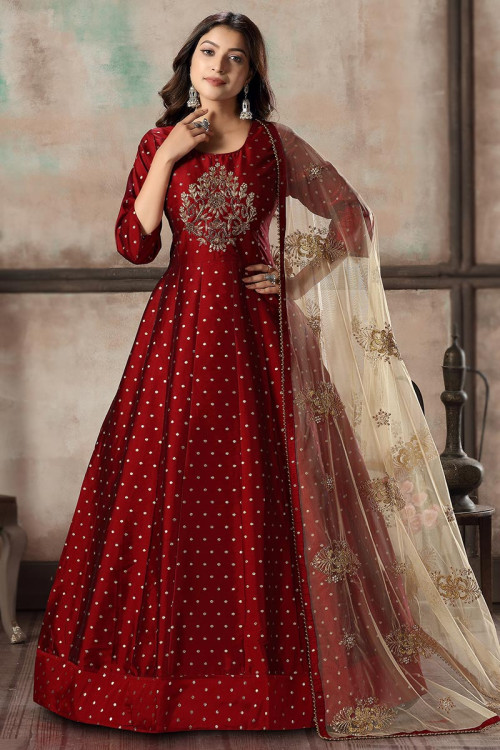 Zari Embroidered Taffeta Silk Deep Red Anarkali Suit