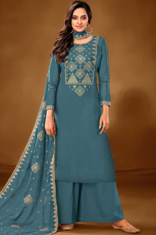 Zari Embroidered Teal Blue Palazzo Suit 