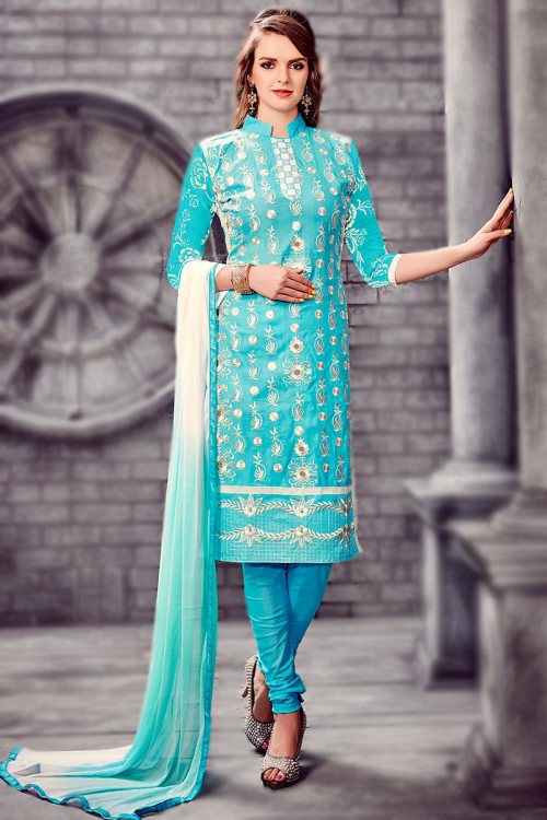 Zari Embroidered Turquoise Blue Straight Cut Churidar Suit 