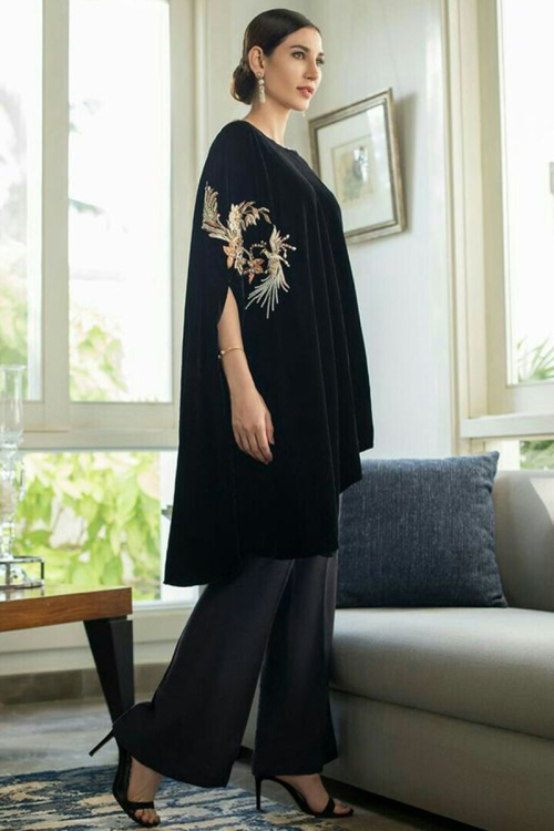 Zari Embroidered Velvet Black Designer Trouser Suit