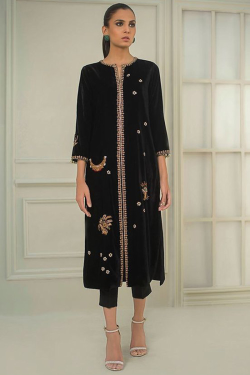 Velvet Black Party Wear Trouser Suit with Resham embroidery