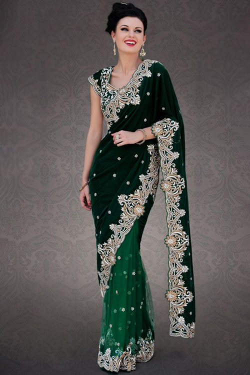 Zari Embroidered Velvet Dark Green Saree