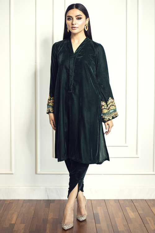 Zari Embroidered Velvet Dusty Black Trouser Suit