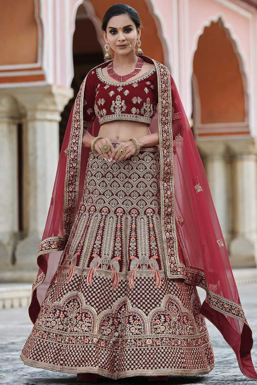 Lehenga in Velvet Maroon with Zari Embroidery for Wedding 