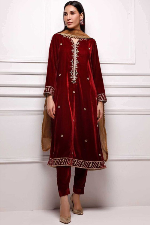 Zari Embroidered Velvet Maroon Pakistani Trouser Suit