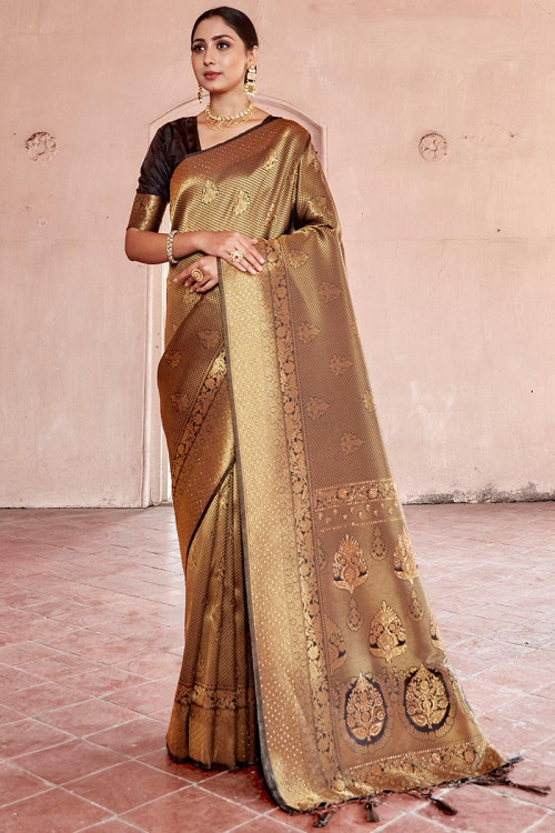 Golden Silk Saree With Woven Zari Work
