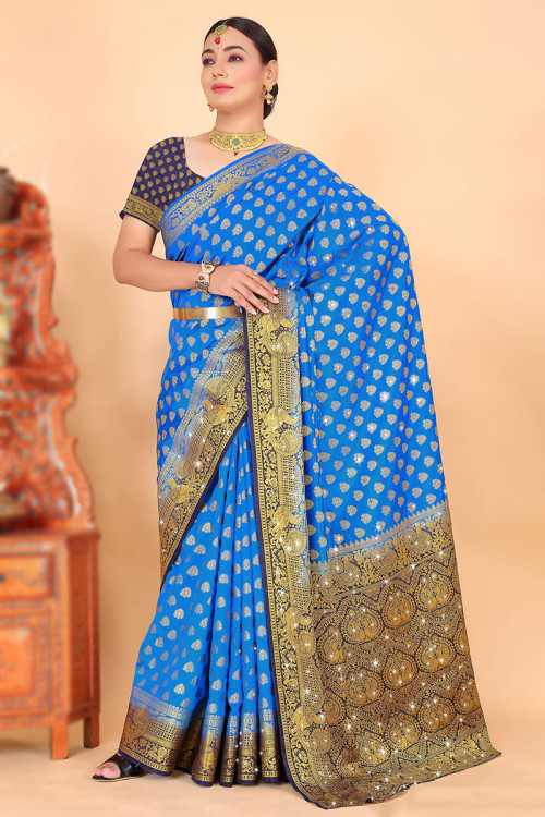 WoodenTant Women's Cotton Silk Zari Box Handloom Saree In Royal Blue With  Sequin Work : Amazon.in: Fashion