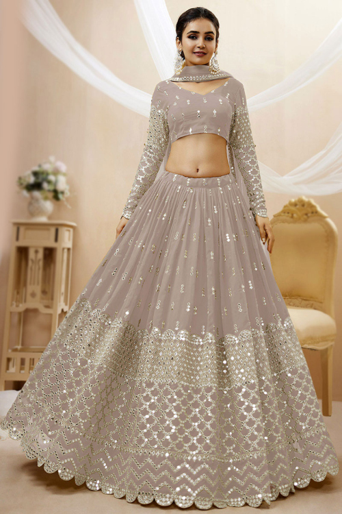 Zari Work Embroidered Georgette Grey Beige Lehenga 