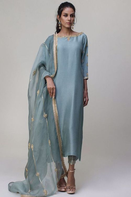 Zari Embroidered Silk Dusty Blue Trouser Suit