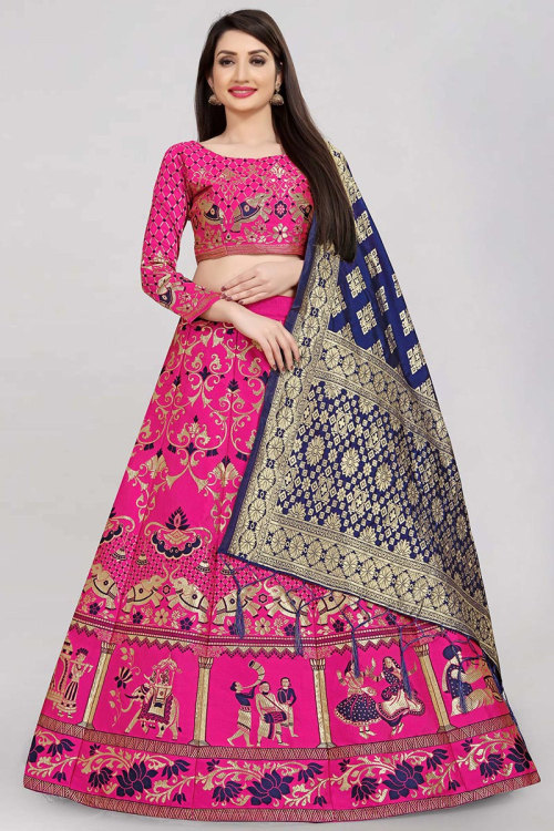 Zari Woven Banarasi Silk Cerise Pink Lehenga