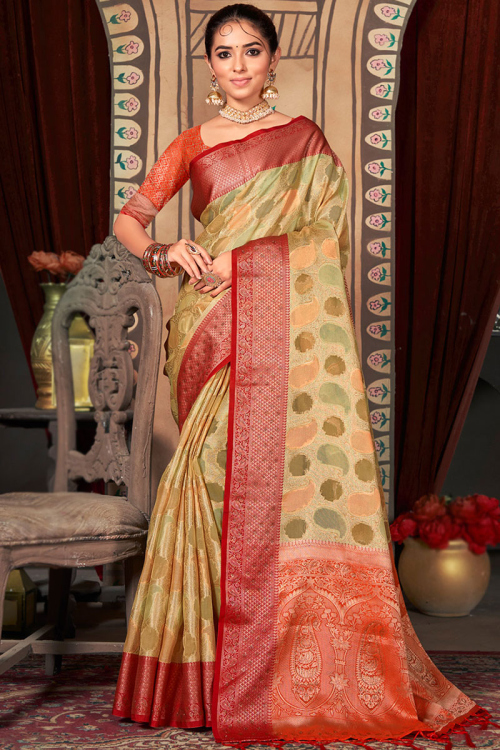 Zari Woven Organza Beige Saree
