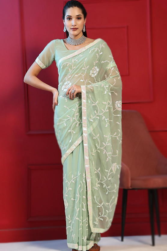 Satin Fabric Embellished Function Wear Sea Green Color Saree