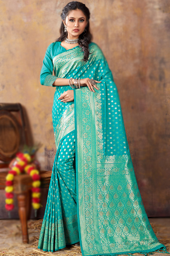 CM - Turquoise Colour Lichi Silk Saree