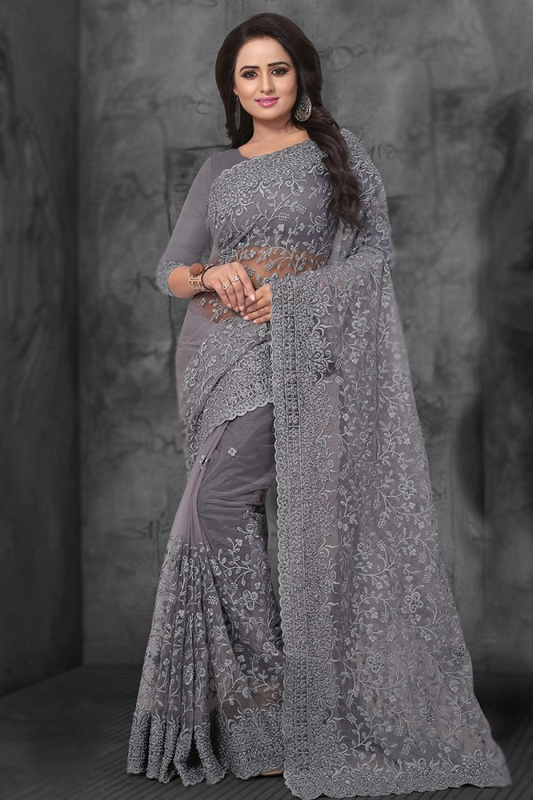 Net Steel Grey Resham Thread Embroidered Light Weight Saree