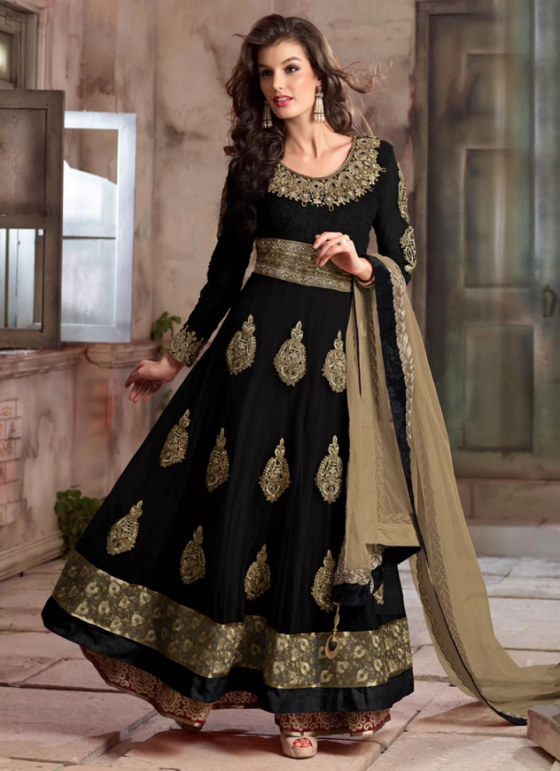 Black Net Wedding Anarkali Suit With Zari Work