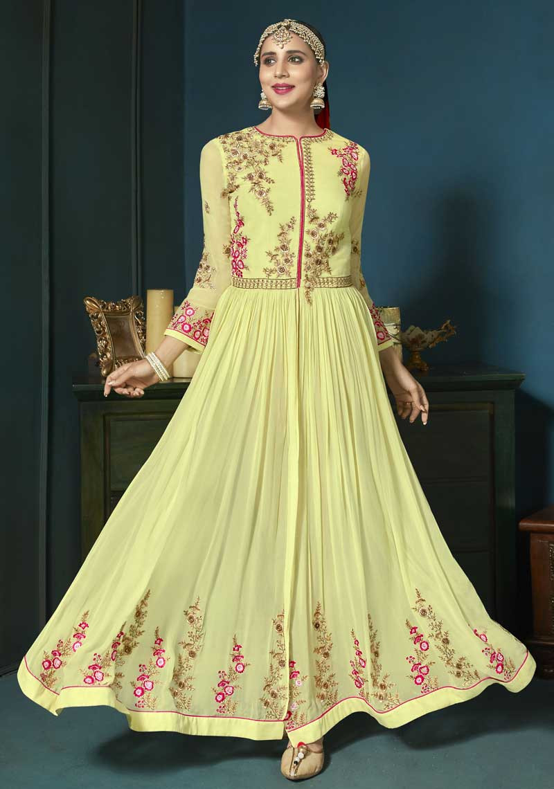 Resham Embroidered Georgette Fawn Yellow Anarkali Suit