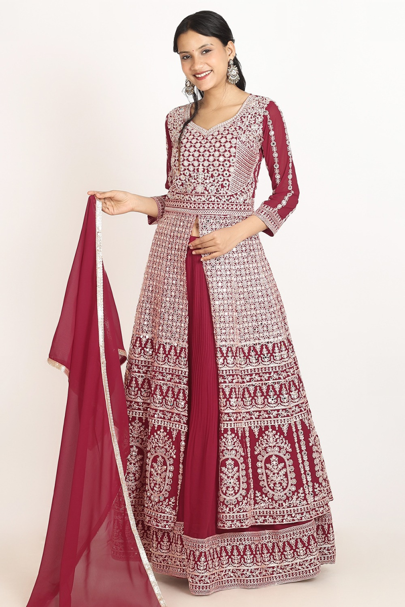 Embroidered Ruby Pink Georgette Ready Made Lehenga With Long Choli