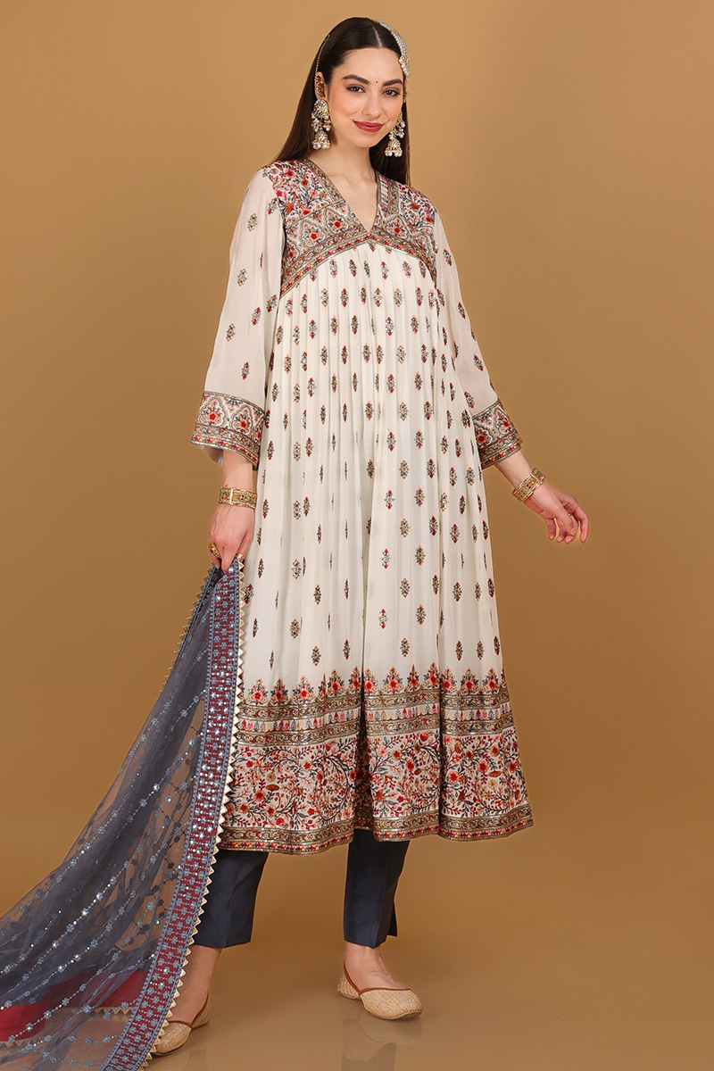 Ivory Georgette Embroidered Trouser Suit for Wedding & Party