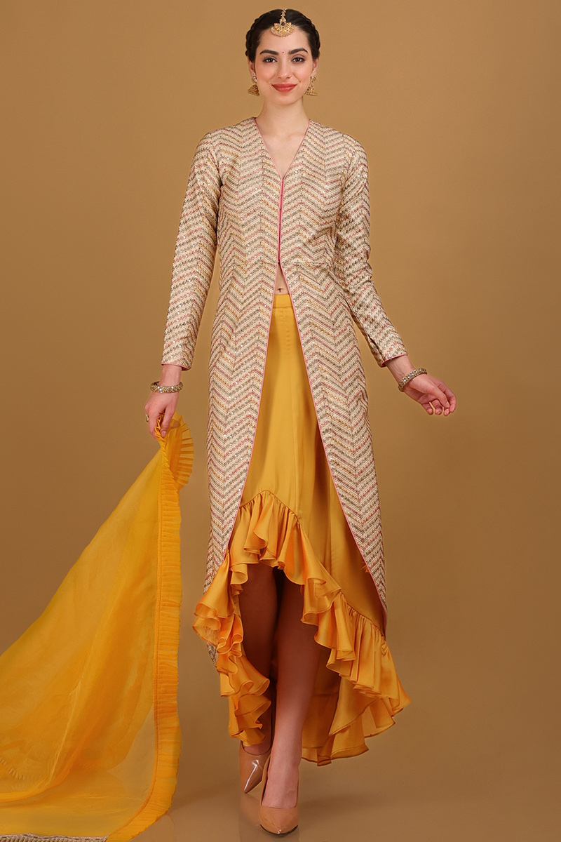 Cream Beige Chiffon Plain A Line Lehenga