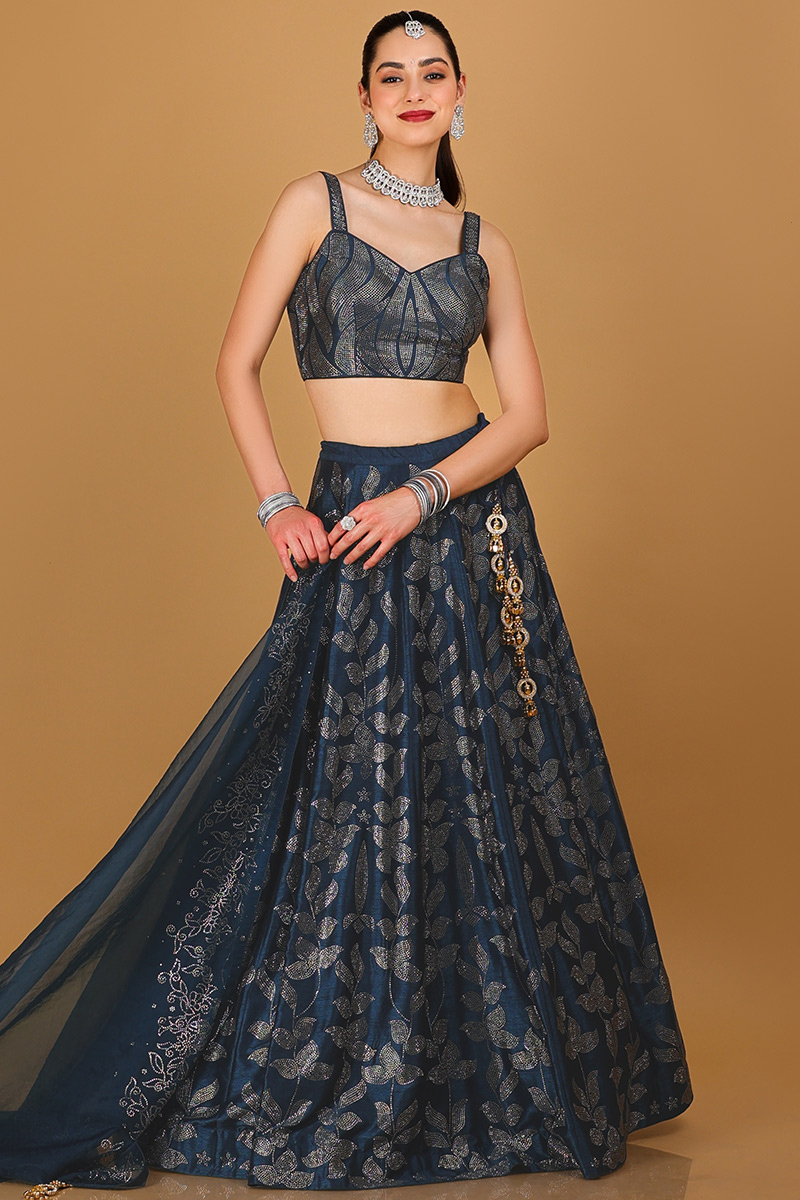 Peacock Blue Dupion Silk Stone Embellished A-line Lehenga