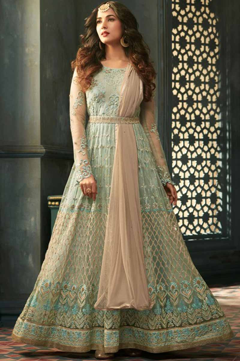 Eid Special Celadon Green Net Anarkali Suit With Resham Work