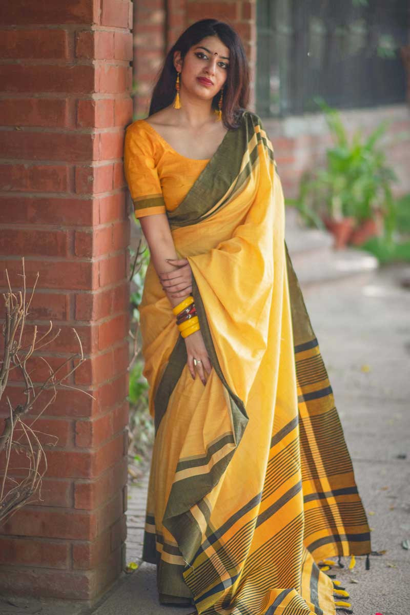 Yellow Cotton Saree With Cotton Blouse