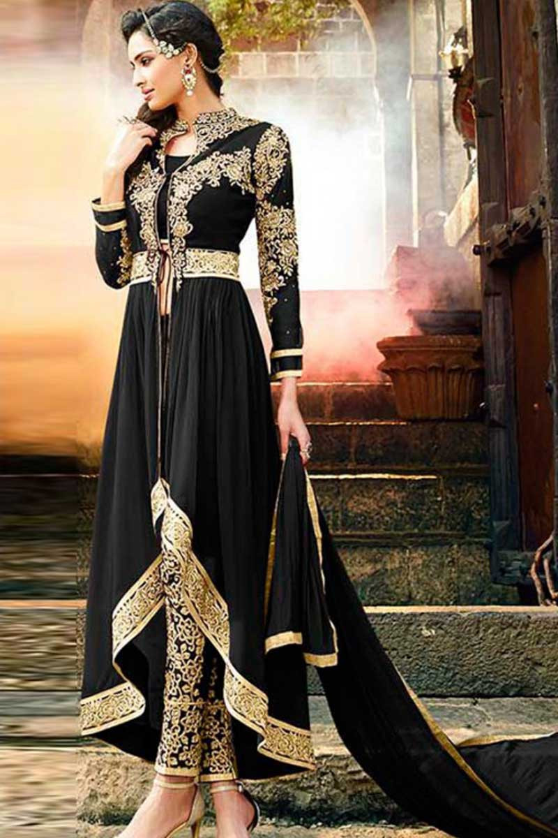 Buy Black Georgette Trail Cut Anarkali Suit With Cigarette Pant Online DMV13914 Andaaz Eid Store