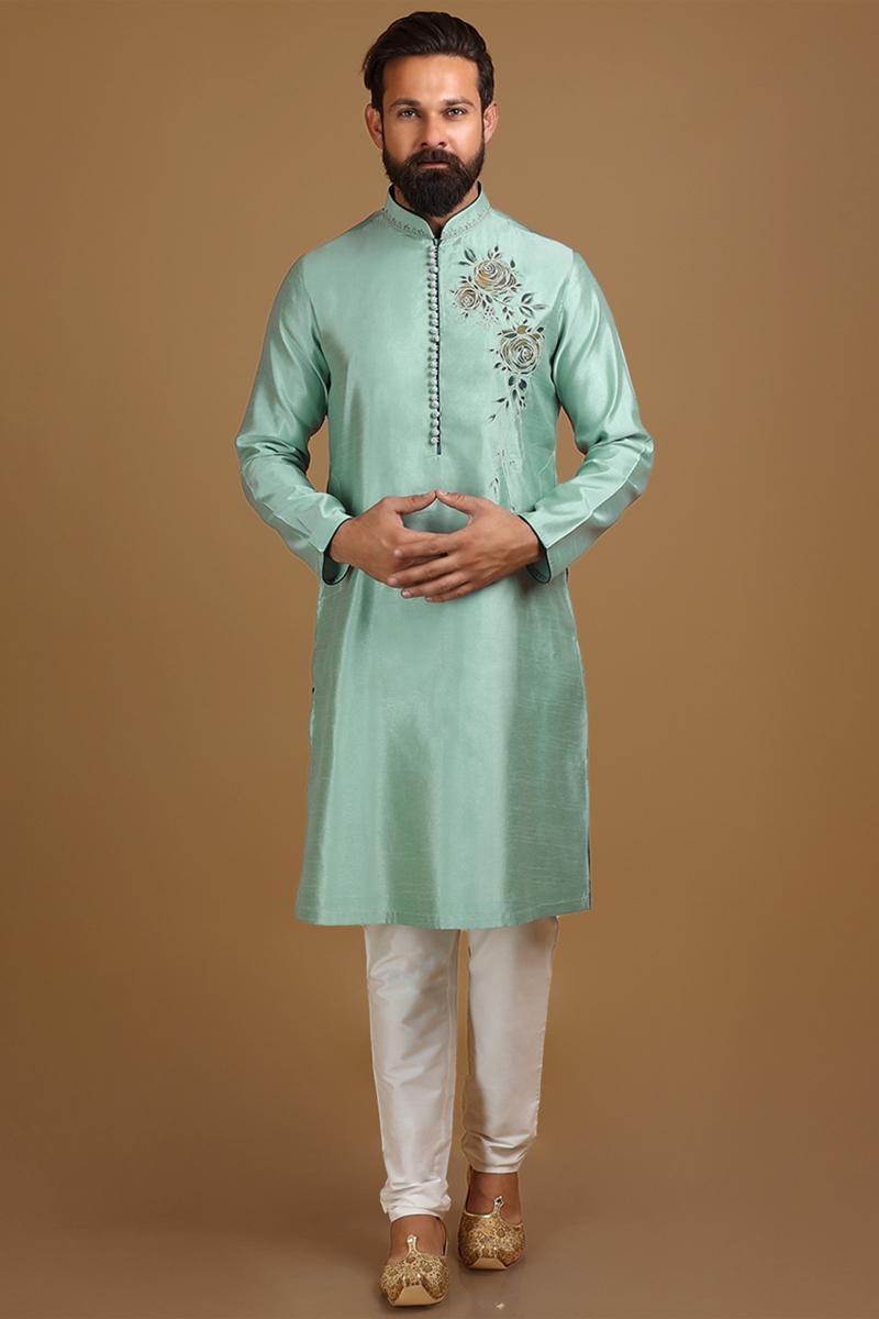 Art Silk Men Kurta Pajama in Seafoam Green for Sangeet