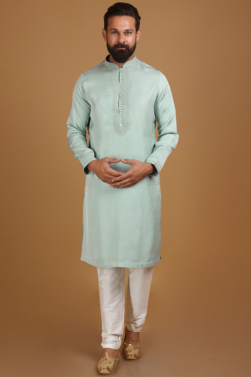Mint Blue Cotton Silk Straight Cut Woven Men Kurta Pajama