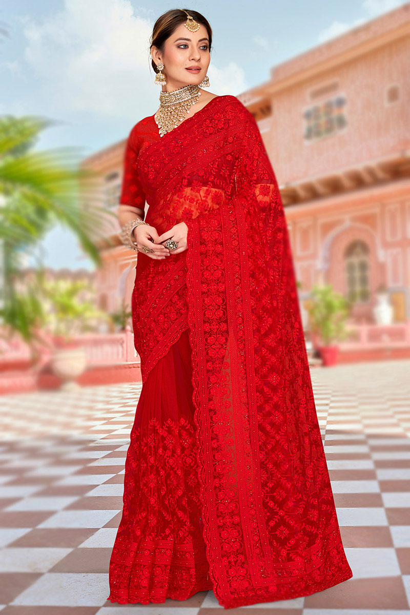 Red Net Embroidered Saree For Sangeet 
