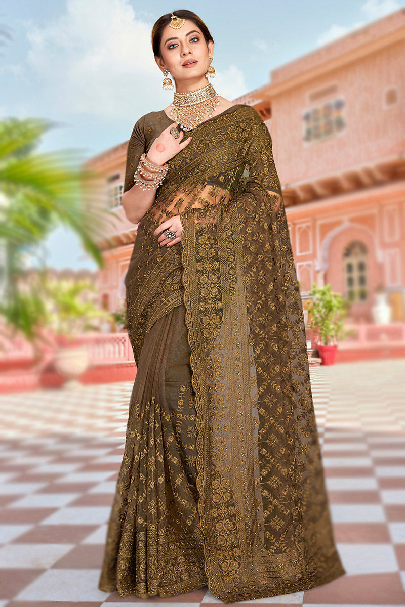 Olive Brown Resham Thread Embroidered Net Sangeet Saree
