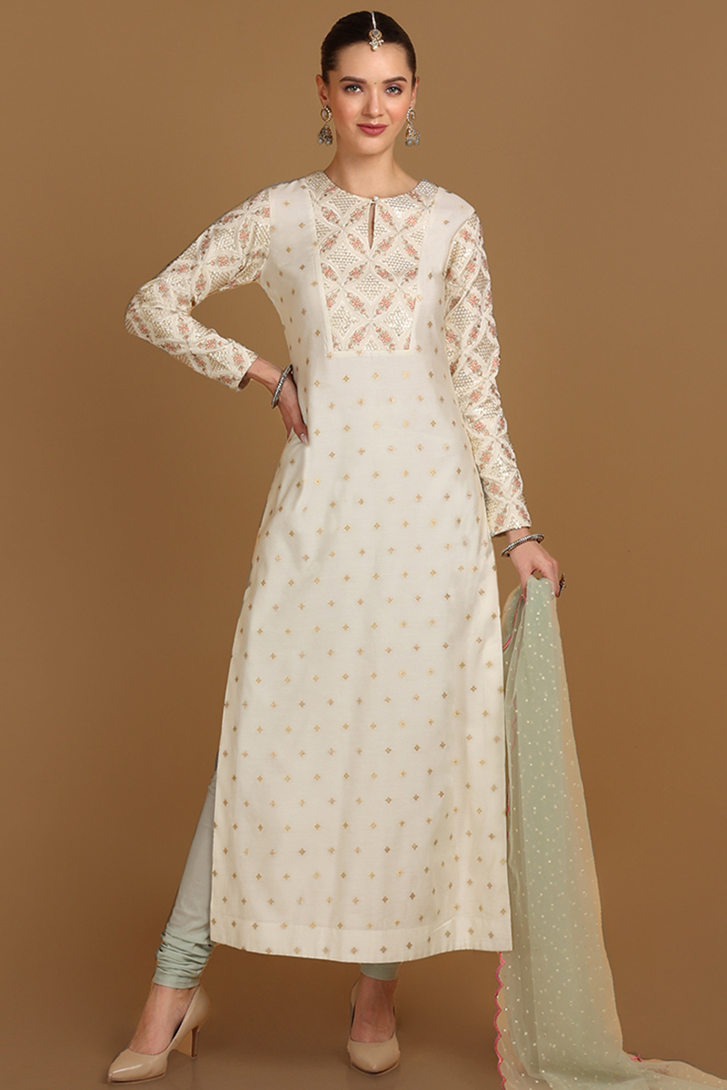 Embroidered Silk Cream Churidar Suit for Wedding & Party