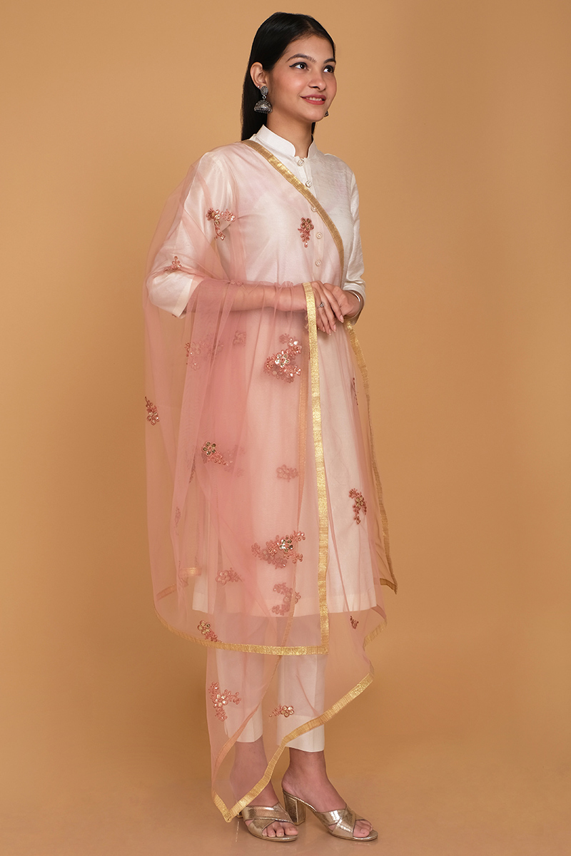 Salmon Peach Resham Thread Embroidered Net Dupatta
